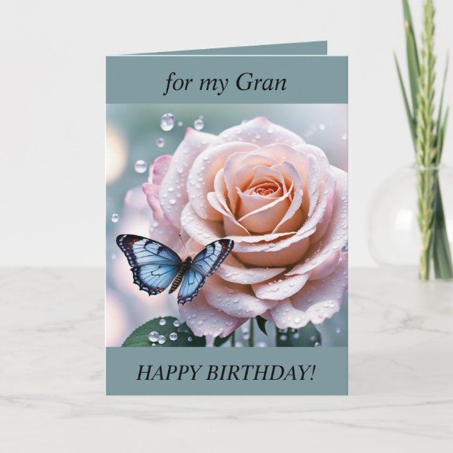 Beautiful pink rose & butterfly Birthday Card (Front)