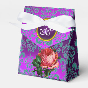 BEAUTIFUL PINK ROSE DAMASK PURPLE GEM MONOGRAM FAVOUR BOX