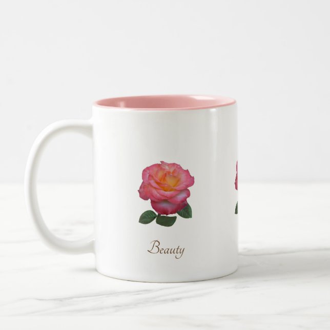 Beautiful Pink Rose Flower & Calligraphy on White Two-Tone Coffee Mug (Left)