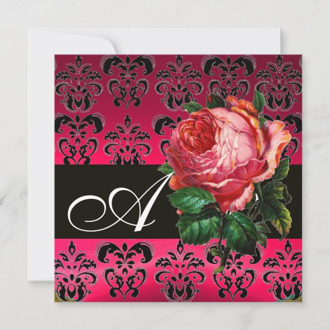 BEAUTIFUL PINK ROSE FUCHSIA BLACK DAMASK MONOGRAM INVITATION (Front)