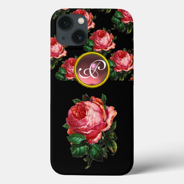 BEAUTIFUL PINK ROSE GEMSTONE MONOGRAM, Black Case-Mate iPhone Case (Back)