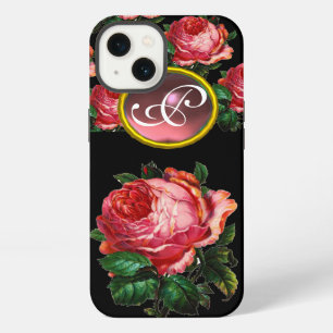BEAUTIFUL PINK ROSE GEMSTONE MONOGRAM, Black iPhone Case