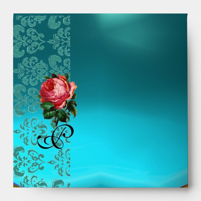 BEAUTIFUL PINK ROSE GOLD AQUA BLUE TEAL DAMASK ENVELOPES (Front)