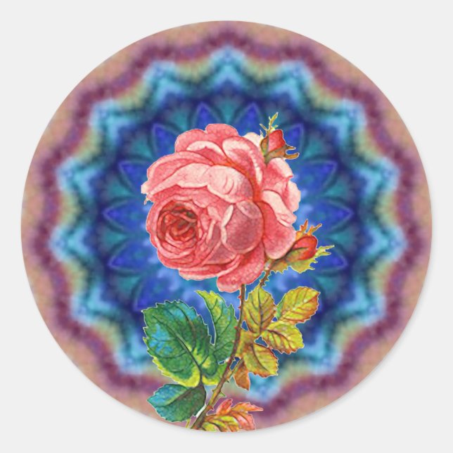 BEAUTIFUL PINK ROSE IN BLUE PSYCHEDELIC CIRCLES CLASSIC ROUND STICKER (Front)