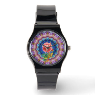 BEAUTIFUL PINK ROSE IN PSYCHEDELIC CIRCLES WATCH