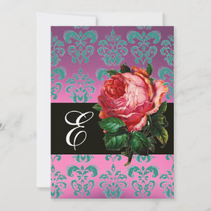 BEAUTIFUL PINK ROSE  LILAC BLUE DAMASK MONOGRAM INVITATION