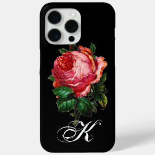 BEAUTIFUL PINK ROSE MONOGRAM,Black iPhone 15 Pro Max Case