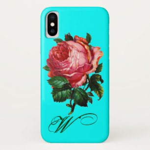 BEAUTIFUL PINK ROSE MONOGRAM,Teal Aqua Blue iPhone X Case