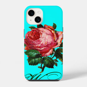BEAUTIFUL PINK ROSE MONOGRAM,Teal Aqua Blue iPhone 14 Case