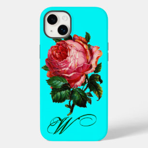 BEAUTIFUL PINK ROSE MONOGRAM,Teal Aqua Blue iPhone Case