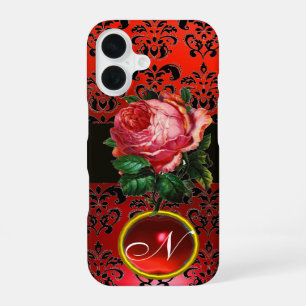 BEAUTIFUL PINK ROSE RED BLACK DAMASK RUBY MONOGRAM iPhone 16 CASE