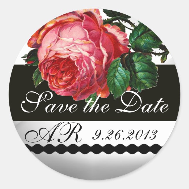 BEAUTIFUL PINK ROSE Save The Date Monogram Classic Round Sticker (Front)