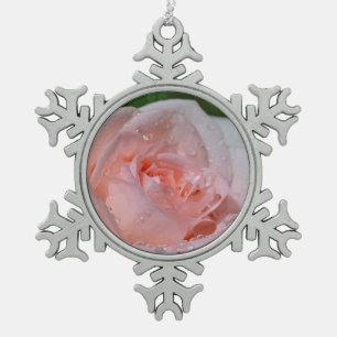 Beautiful pink rose snowflake pewter christmas ornament