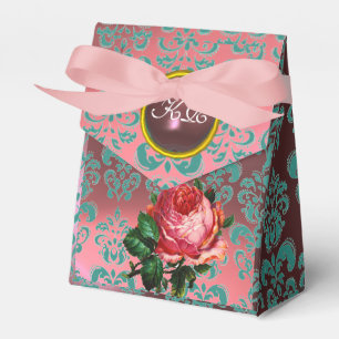 BEAUTIFUL PINK ROSE,TEAL BLUE DAMASK GEM  MONOGRAM FAVOUR BOX
