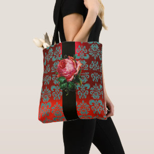 BEAUTIFUL PINK ROSE TEAL BLUE RED BLACK DAMASK TOTE BAG