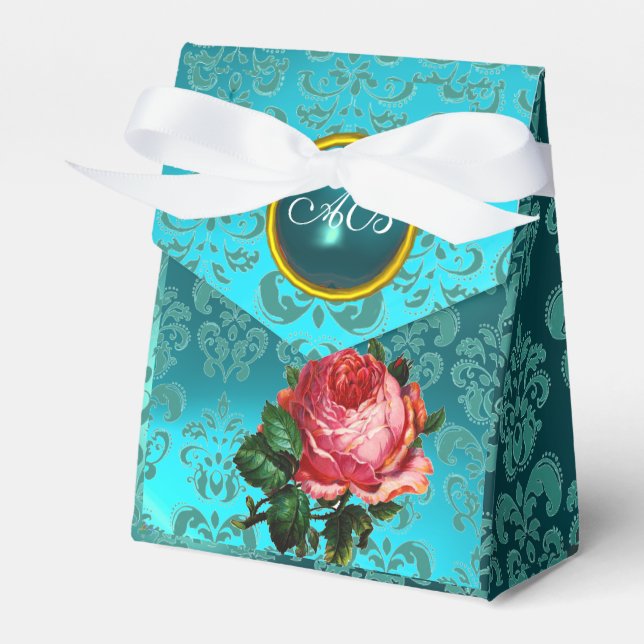 BEAUTIFUL PINK ROSE,TEAL DAMASK BLUE GEM MONOGRAM FAVOUR BOX (Front Side)