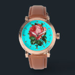 BEAUTIFUL PINK ROSE WITH GEMSTONES Aqua Blue,Teal Watch<br><div class="desc">Elegant , colorful vintage floral design, red pink cabbage roses with green leaves on white background.</div>