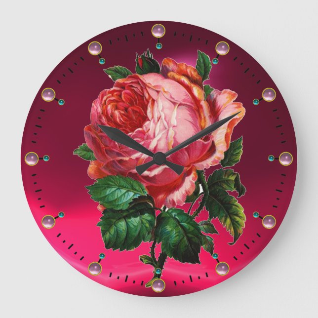 BEAUTIFUL PINK ROSE WITH GEMSTONES LARGE CLOCK (Front)