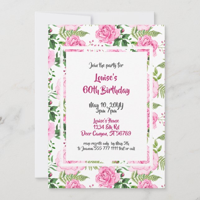 Beautiful Pink Roses 60th Birthday Invitation (Front)