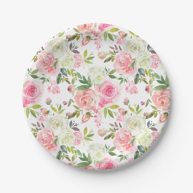 Beautiful Pink Roses Floral Paper Plates (Front)