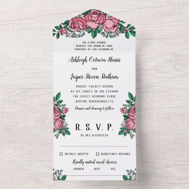 Beautiful Pink Roses Floral Wedding All In One Invitation (Inside)