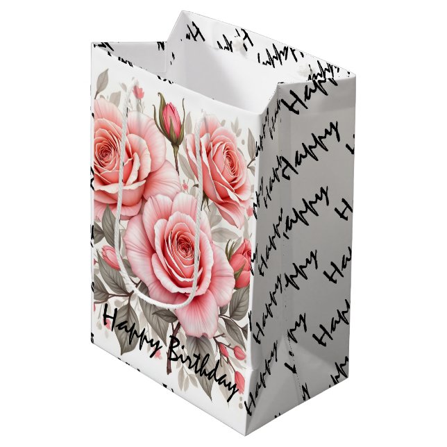 Beautiful Pink Roses Luxury Popular Collection Medium Gift Bag (Front Angled)