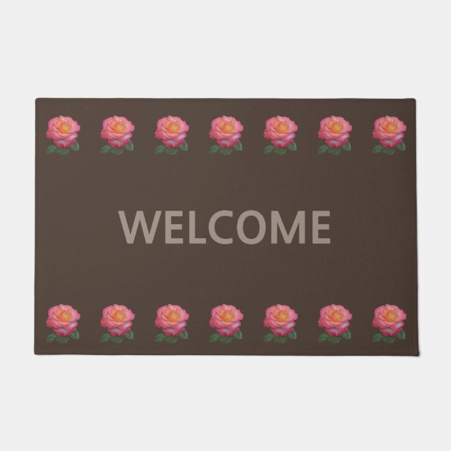 Beautiful Pink Roses on Brown Big Welcome Doormat (Front)