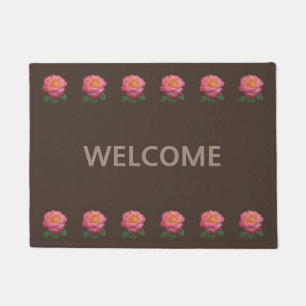 Beautiful Pink Roses on Brown Welcome Doormat