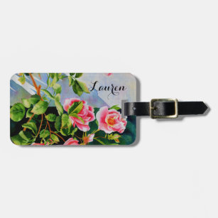 Beautiful pink roses, red roses, watercolor floral luggage tag