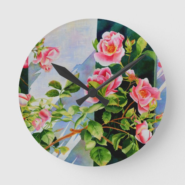 Beautiful pink roses, red roses, watercolor floral round clock (Front)