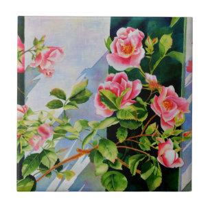 Beautiful pink roses, red roses, watercolor floral tile
