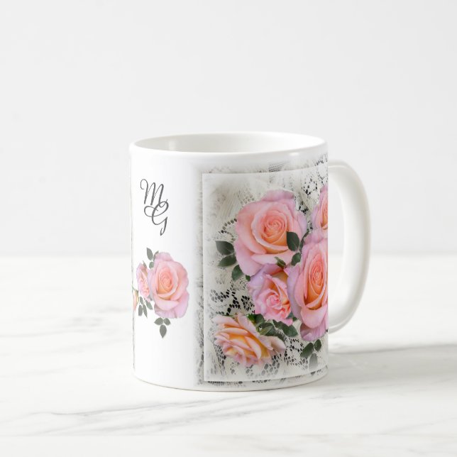 Beautiful Pink Roses with Monogram Coffee Mug (Front Right)
