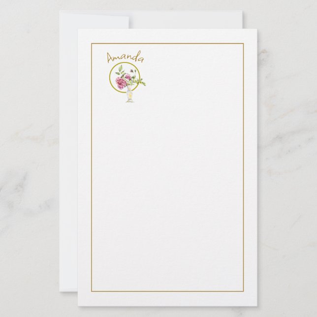 Beautiful Pink Roses With Vase And Gold Frame Stationery (Front)