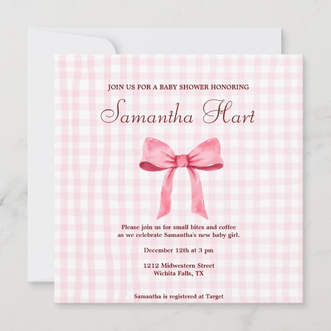 Beautiful Pink SimpleGingham Pink Bow Baby Shower Invitation (Front)