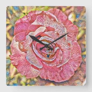 Beautiful pink summer rose flower painting square wall clock
