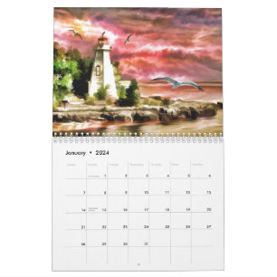 Beautiful Pink Sunset Nautical Lighthouse Coastal Calendar