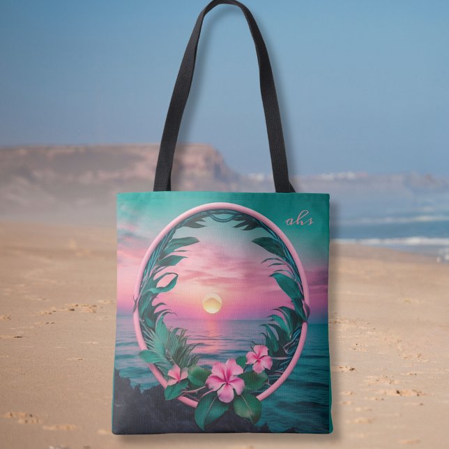 Beautiful Pink-Teal Tropical Flower Sunset Wreath Tote Bag (Creator Uploaded)