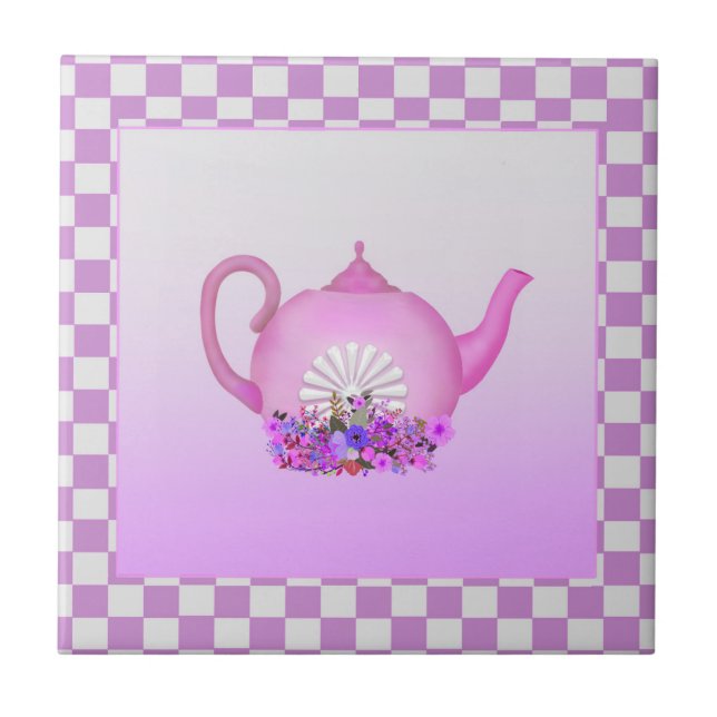 Beautiful Pink Teapot with Flowers Ceramic Tile (Front)