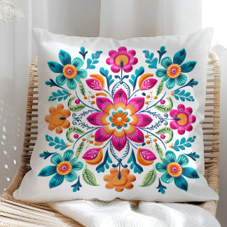 Beautiful Pink Turquoise Orange Mexican Floral Cushion