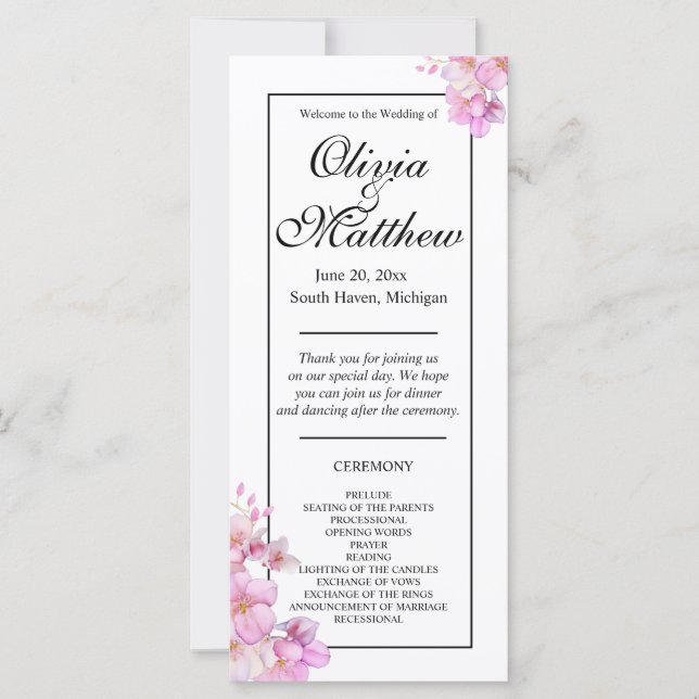 Beautiful pink watercolor blossoms wedding program (Front)