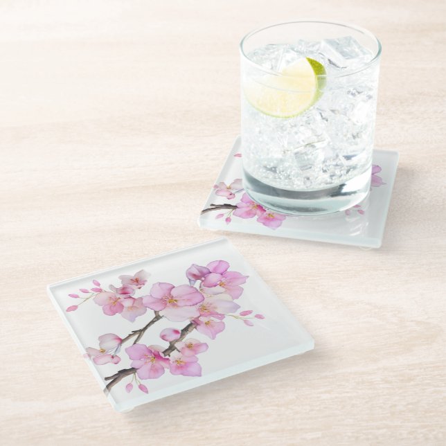 Beautiful pink watercolor cherry blossoms  glass coaster (Angled)