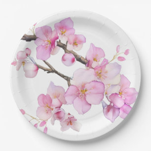 Beautiful pink watercolor cherry blossoms paper plate