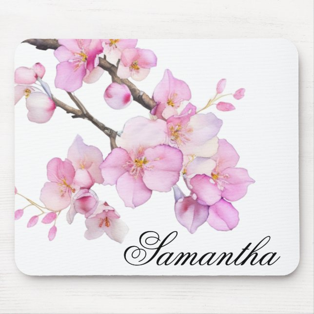 Beautiful pink watercolor cherry blossoms script  mouse pad (Front)