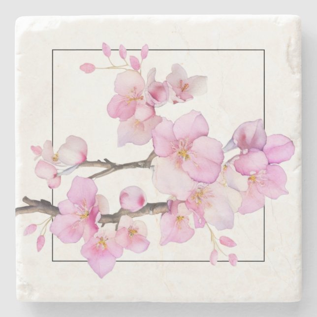 Beautiful pink watercolor cherry blossoms  stone coaster (Front)