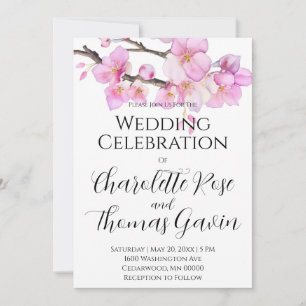 Beautiful pink watercolor cherry blossoms wedding invitation