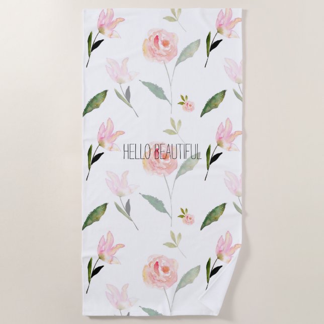 Beautiful Pink Watercolor Floral Beach Towel (Front)