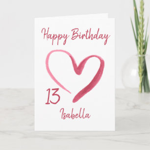 Beautiful Pink Watercolor Heart 13th Birthday Card