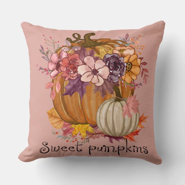 Beautiful Pink Watercolor Pumpkin and Fall Flowers Cushion (Front)