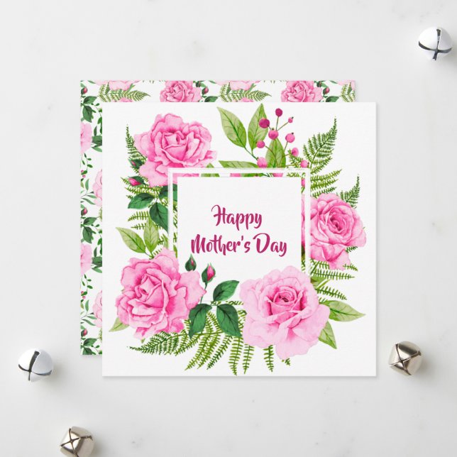 Beautiful Pink Watercolor Roses Mother’s Day Holiday Card (Front/Back In Situ)