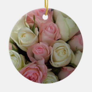 Beautiful Pink White Roses Flower Bouquet Ceramic Tree Decoration